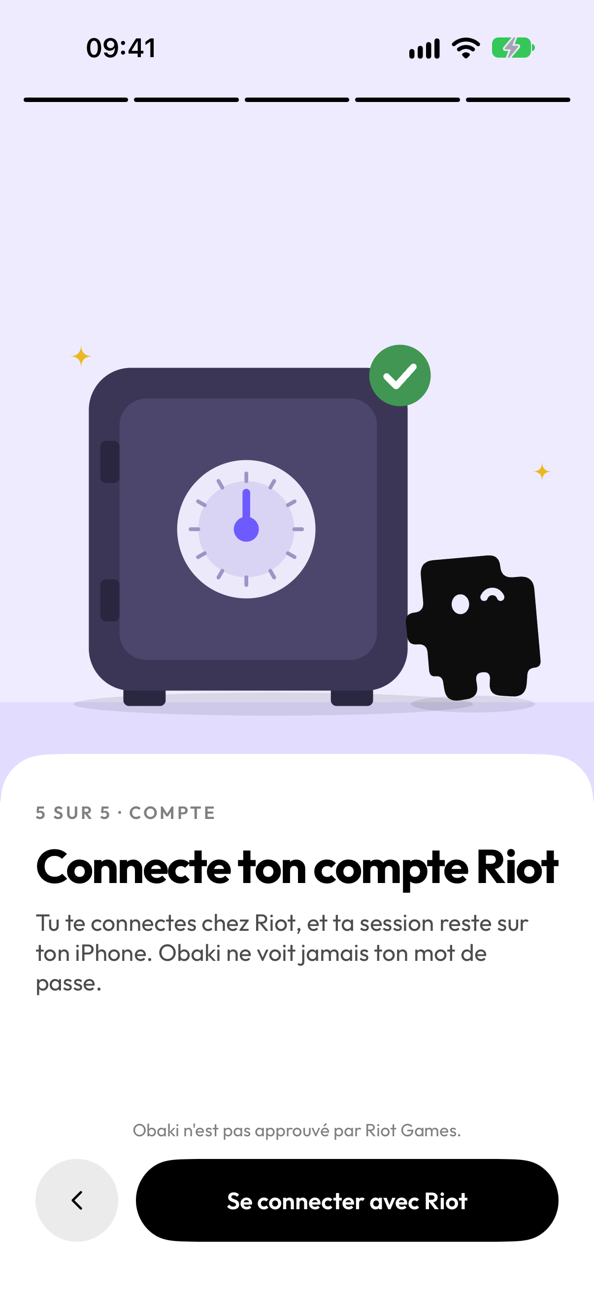 L'écran de connexion de Obaki : « Connecte ton compte Riot », puis « Se connecter avec Riot ».